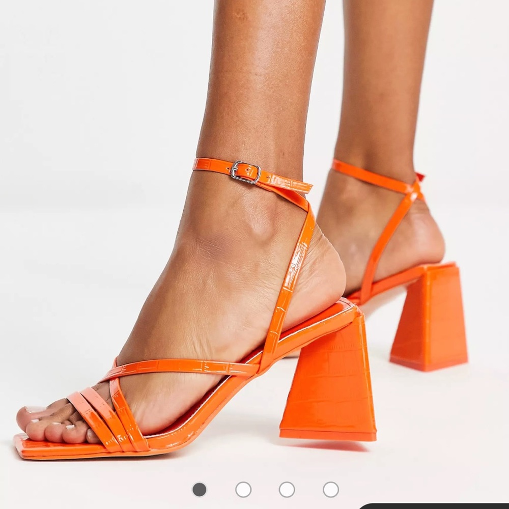Strappy triangle block heel sandals in orange patent croc